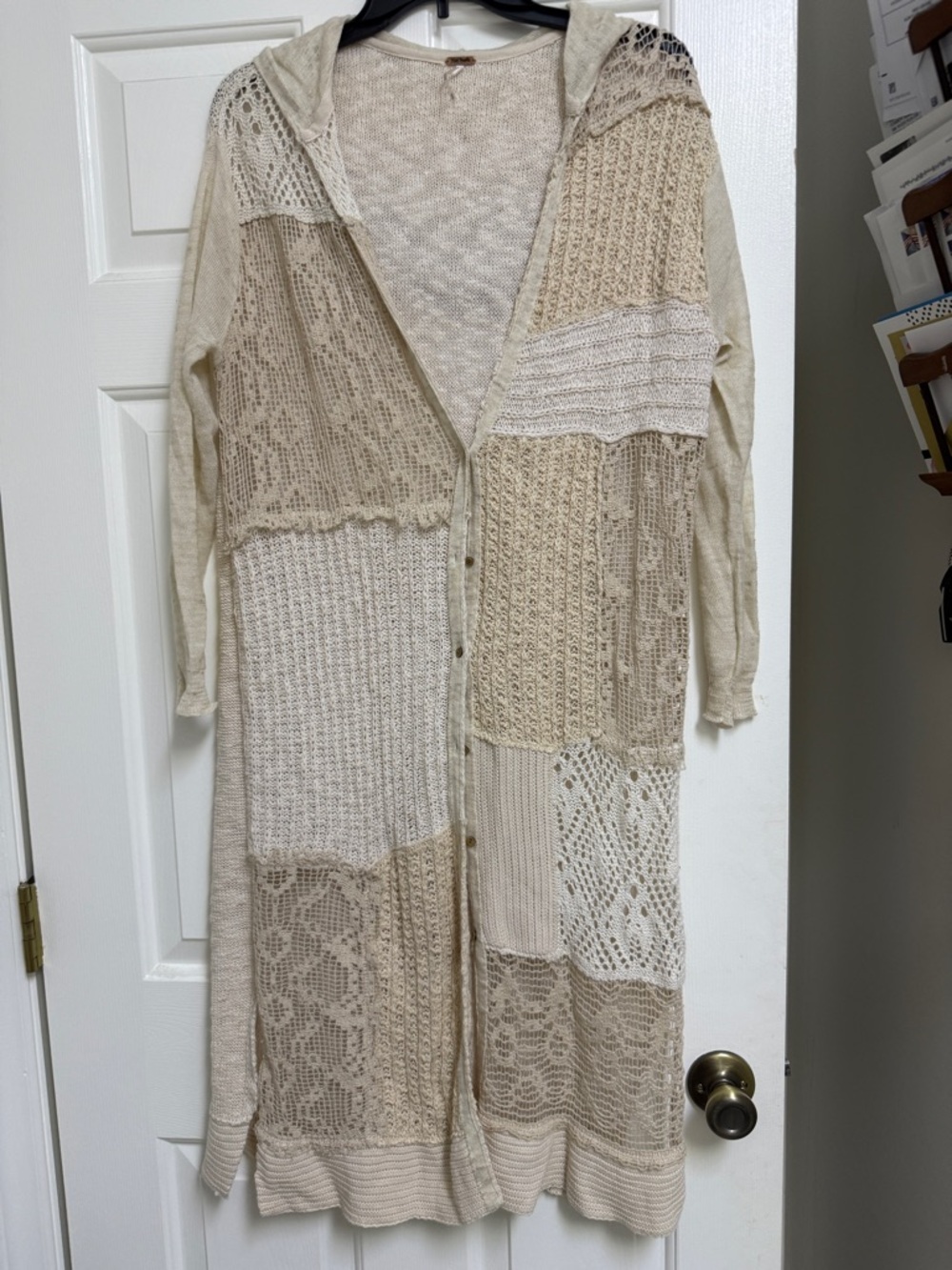 Free People Patchwork Hooded Long Cardigan in Cream and Tan Neutrals